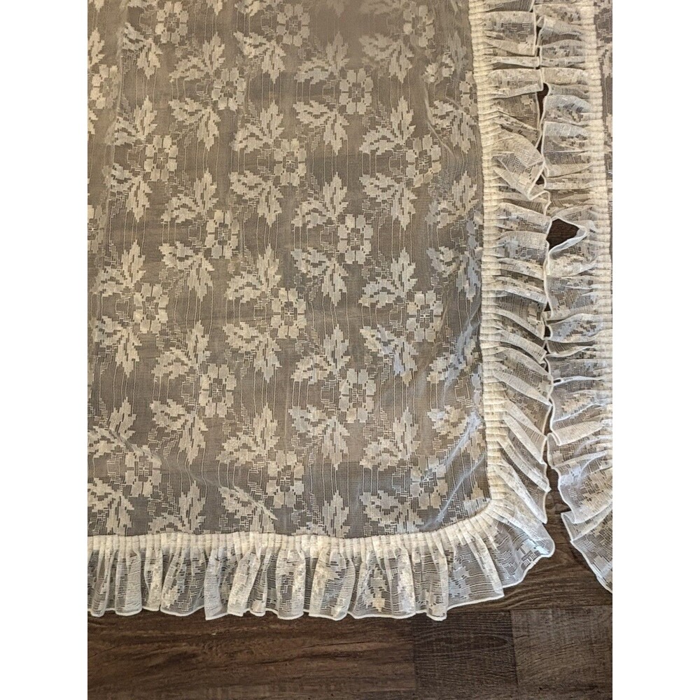 Vtg Ivory Floral Lace Curtain Ruffled Edges Attached Valance 58x84 Cottage Core - Picture 12 of 16